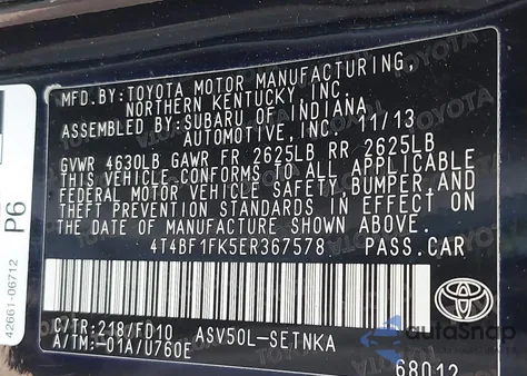2014 Toyota Camry Le from USA, damaged, VIN 4T4BF1FK5ER367578